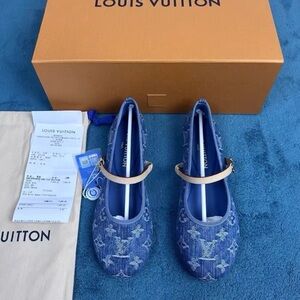 Louis Vuitton Blue Monogram Denim Mary Jane Flats with Natural Leather Strap